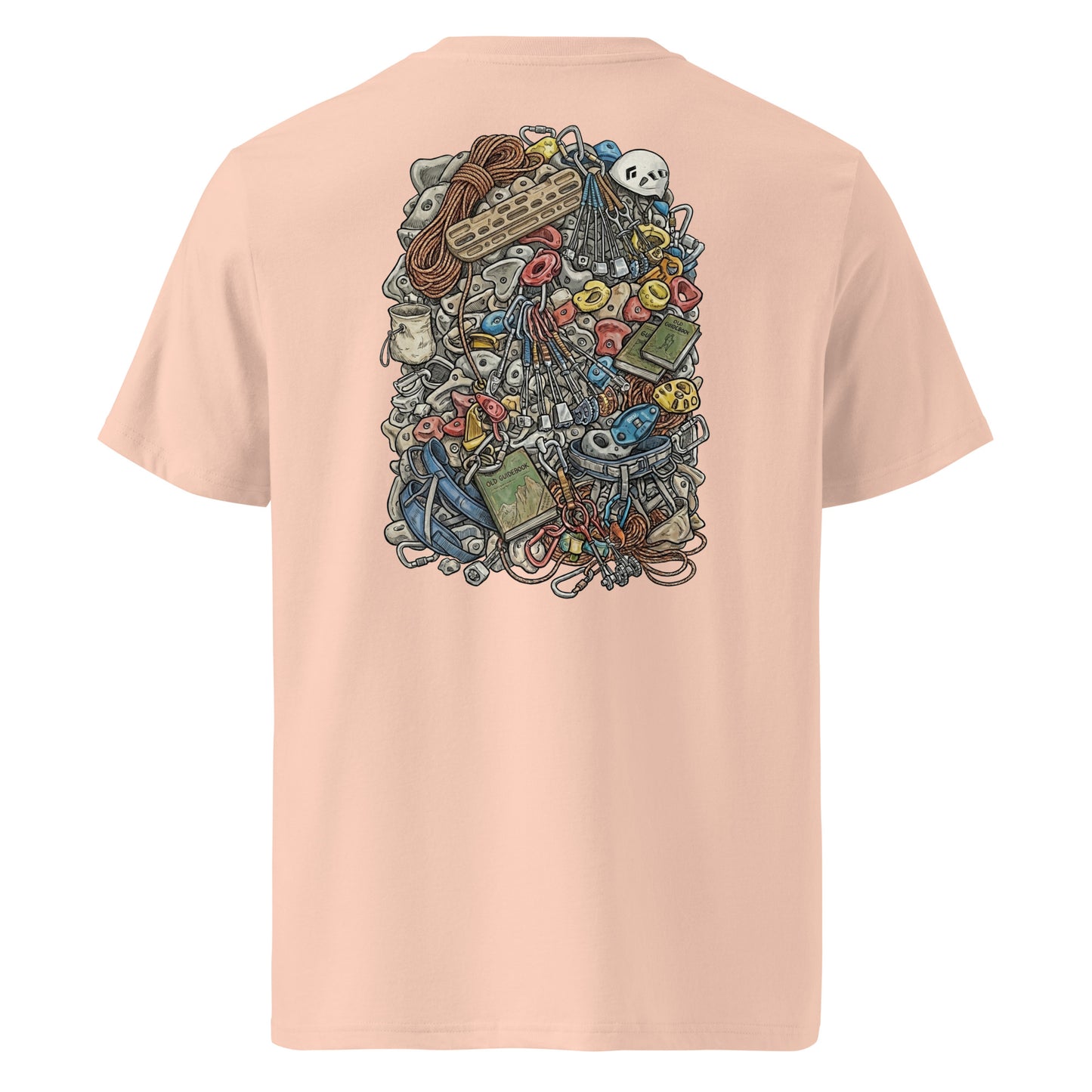 Unisex organic cotton T-shirt featuring a technical climbing gear illustration on the back by Knot Qualified.