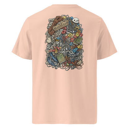 Unisex organic cotton T-shirt featuring a technical climbing gear illustration on the back by Knot Qualified.