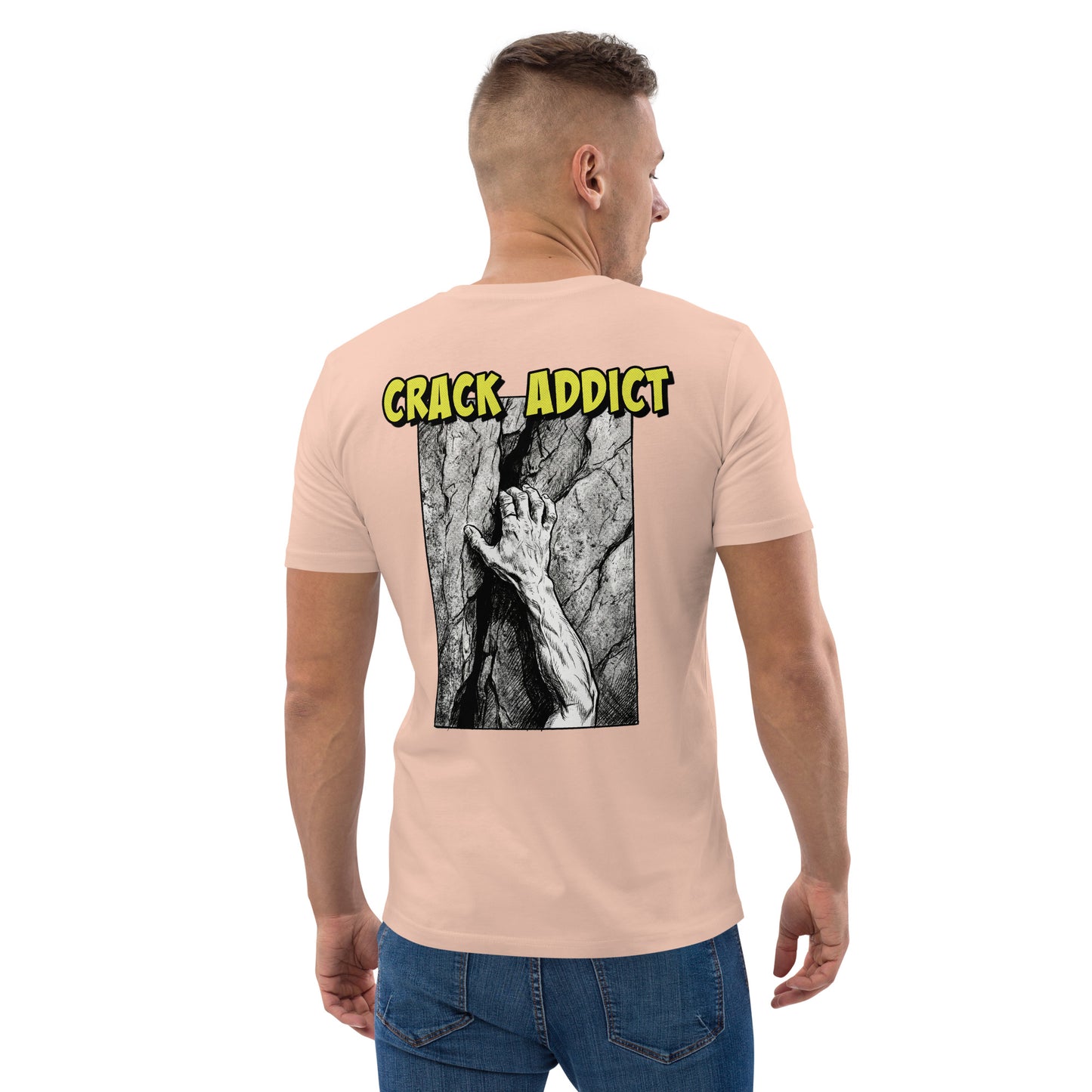 Unisex heavyweight organic cotton climbing tee with "Crack Addict" backprint by Knot Qualified in peach color.