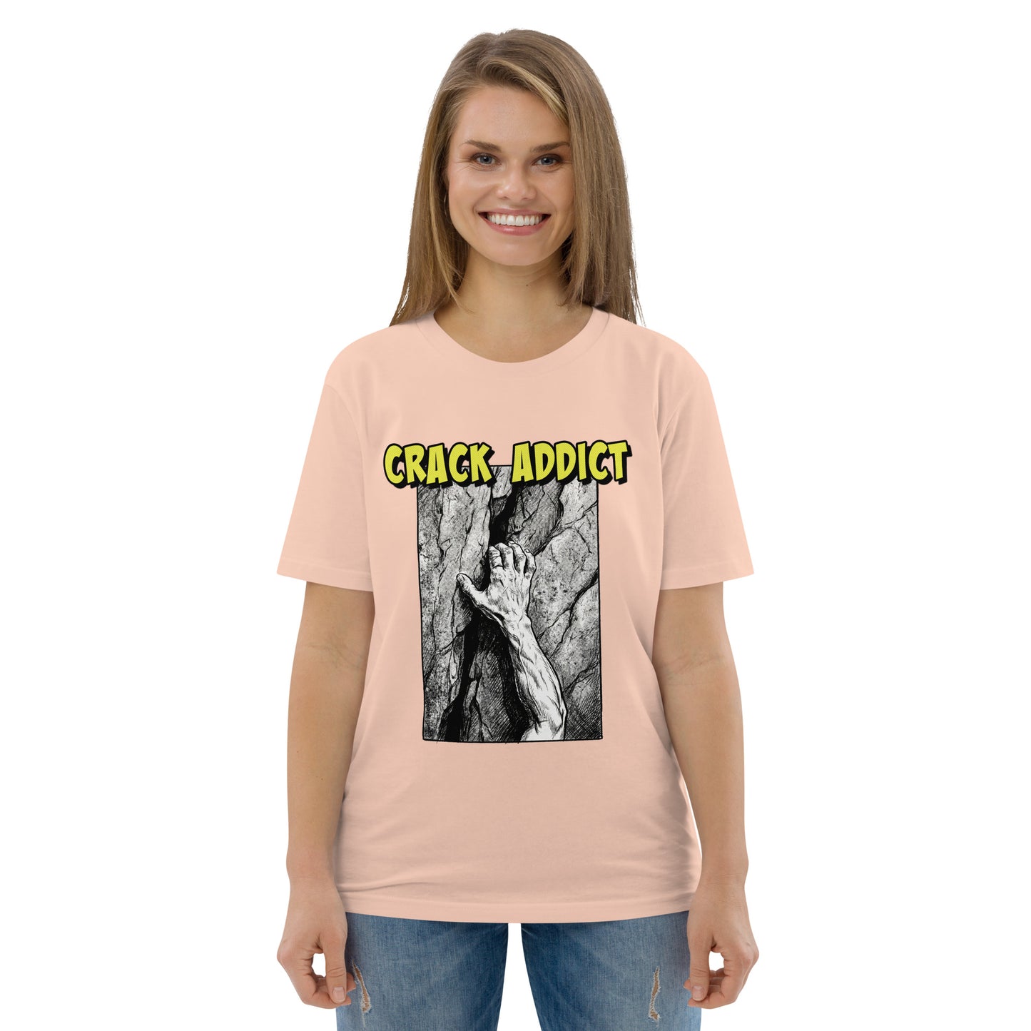 Unisex heavyweight organic cotton T-shirt featuring "Crack Addict" design by Knot Qualified in fraiche pêche color.