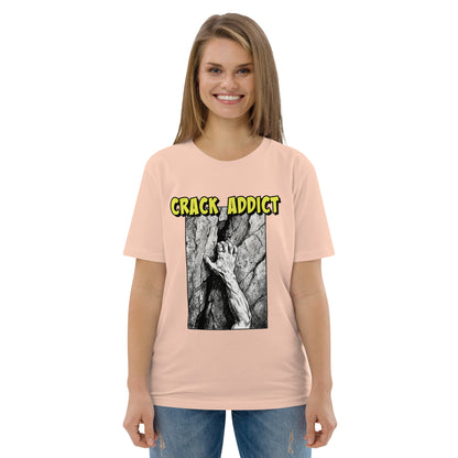 Unisex heavyweight organic cotton T-shirt featuring "Crack Addict" design by Knot Qualified in fraiche pêche color.