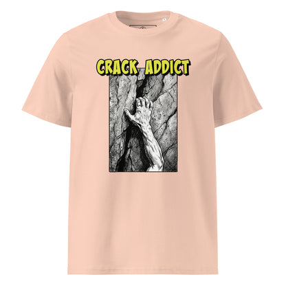 Unisex Crack Addict Hand Jam T-Shirt in heavyweight organic cotton with a casual fit, featuring a climbing-themed design.