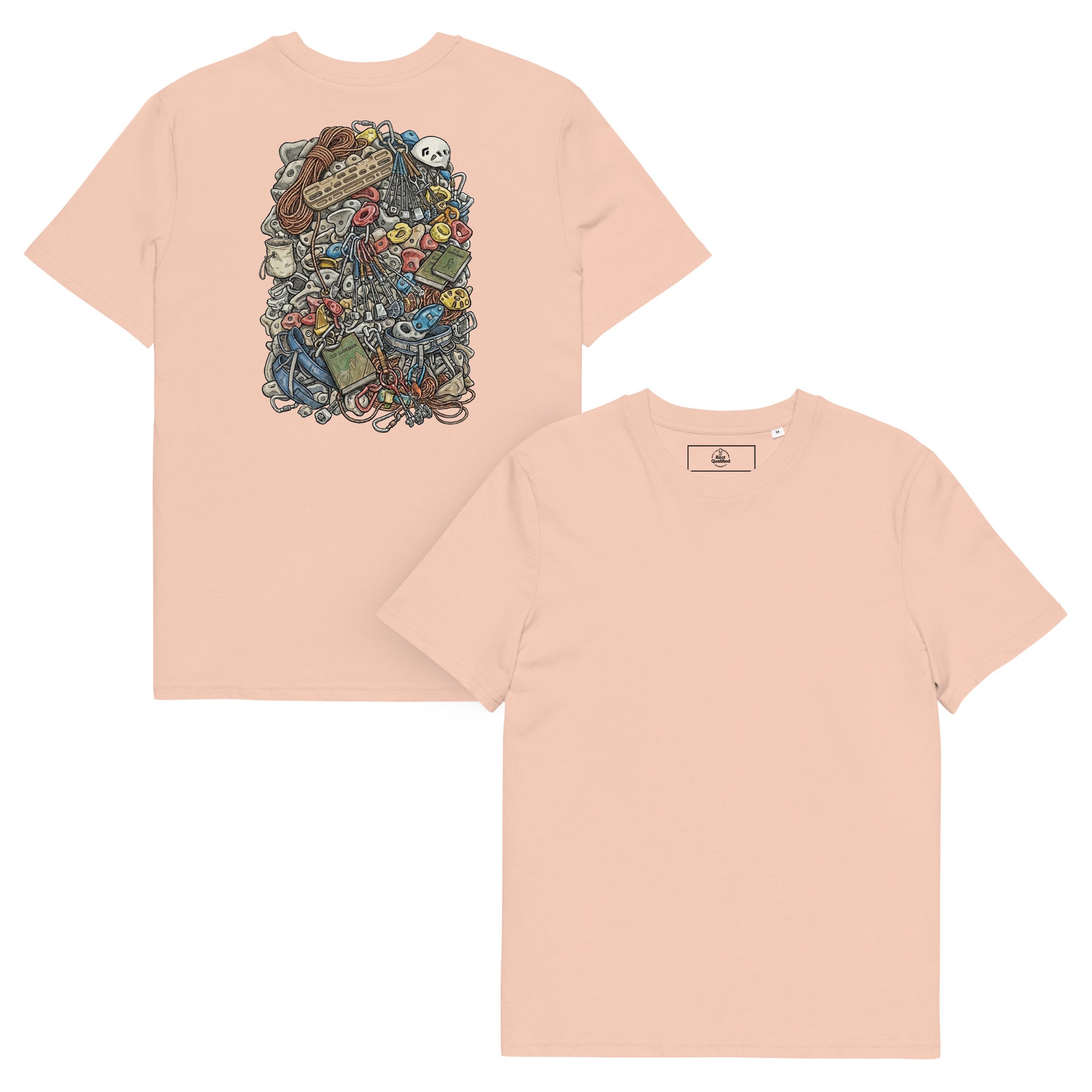 Unisex organic cotton T-shirt by Knot Qualified featuring a technical climbing gear illustration on the back.