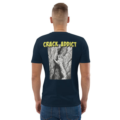 Unisex heavyweight organic cotton climbing tee in French navy with "Crack Addict" backprint by Knot Qualified.