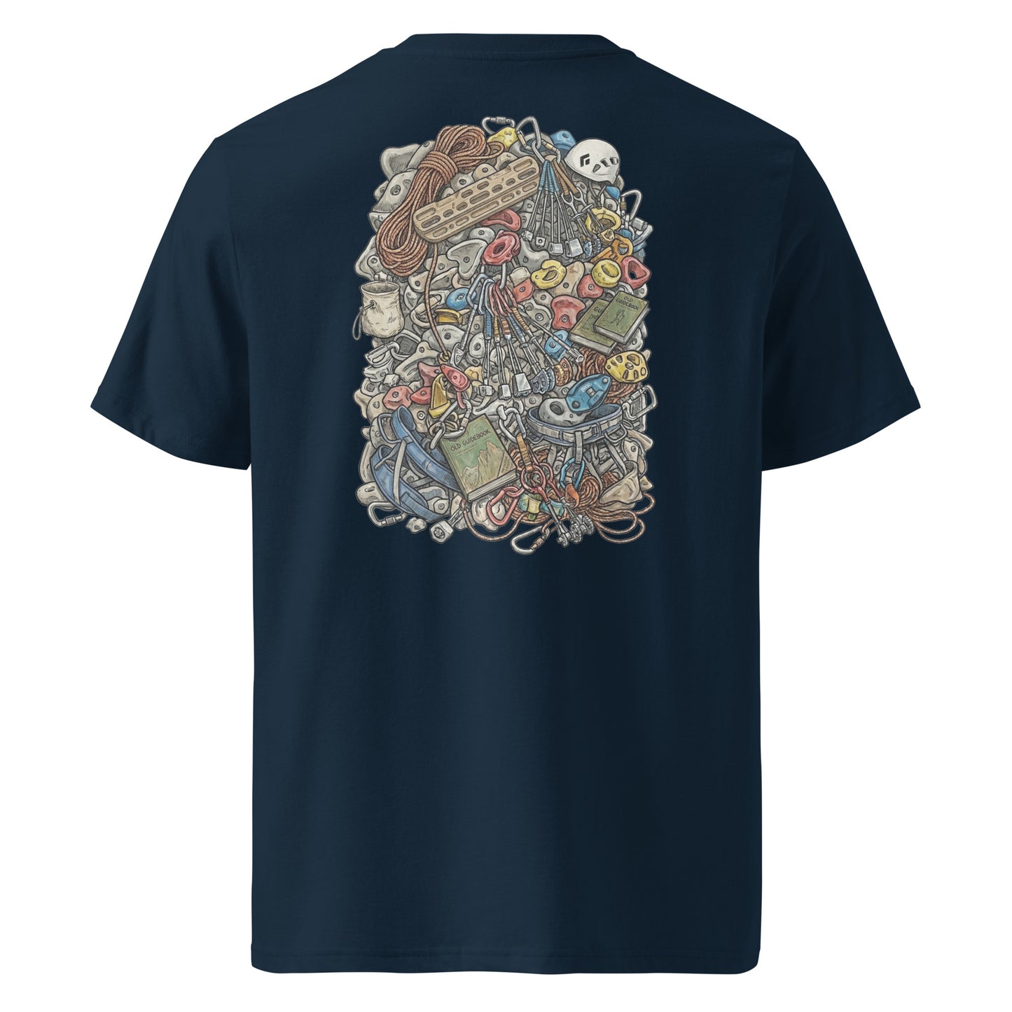 Unisex French navy organic cotton t-shirt featuring a technical climbing gear illustration on the back.
