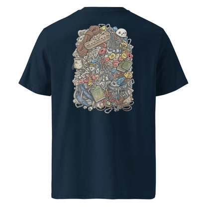 Unisex French navy organic cotton t-shirt featuring a technical climbing gear illustration on the back.