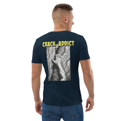 Unisex heavyweight organic cotton climbing tee in French navy with "Crack Addict" backprint by Knot Qualified.