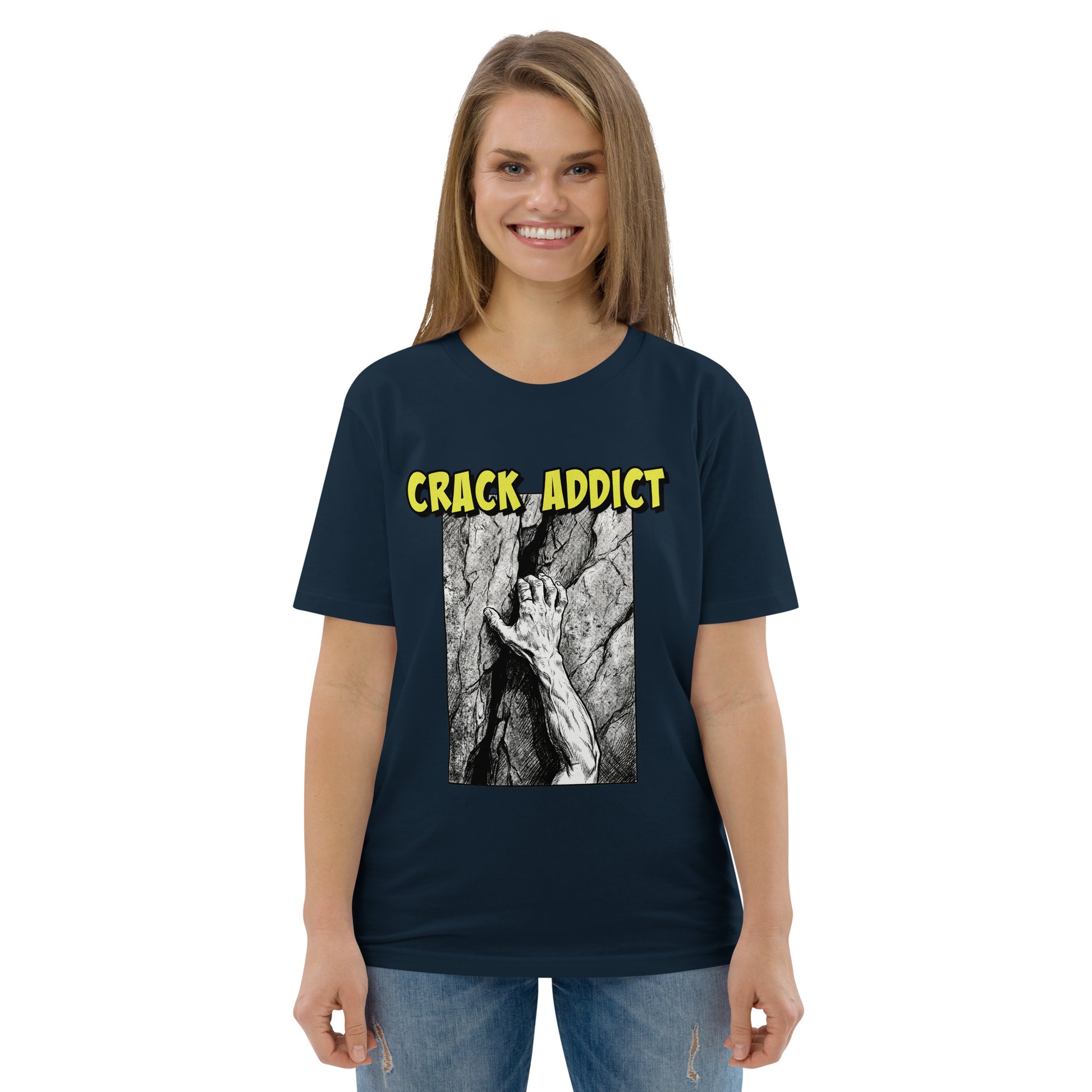 Unisex heavyweight organic cotton T-shirt in French navy featuring "Crack Addict Hand Jam" graphic by Knot Qualified.