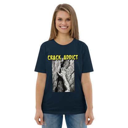 Unisex heavyweight organic cotton T-shirt in French navy featuring "Crack Addict Hand Jam" graphic by Knot Qualified.
