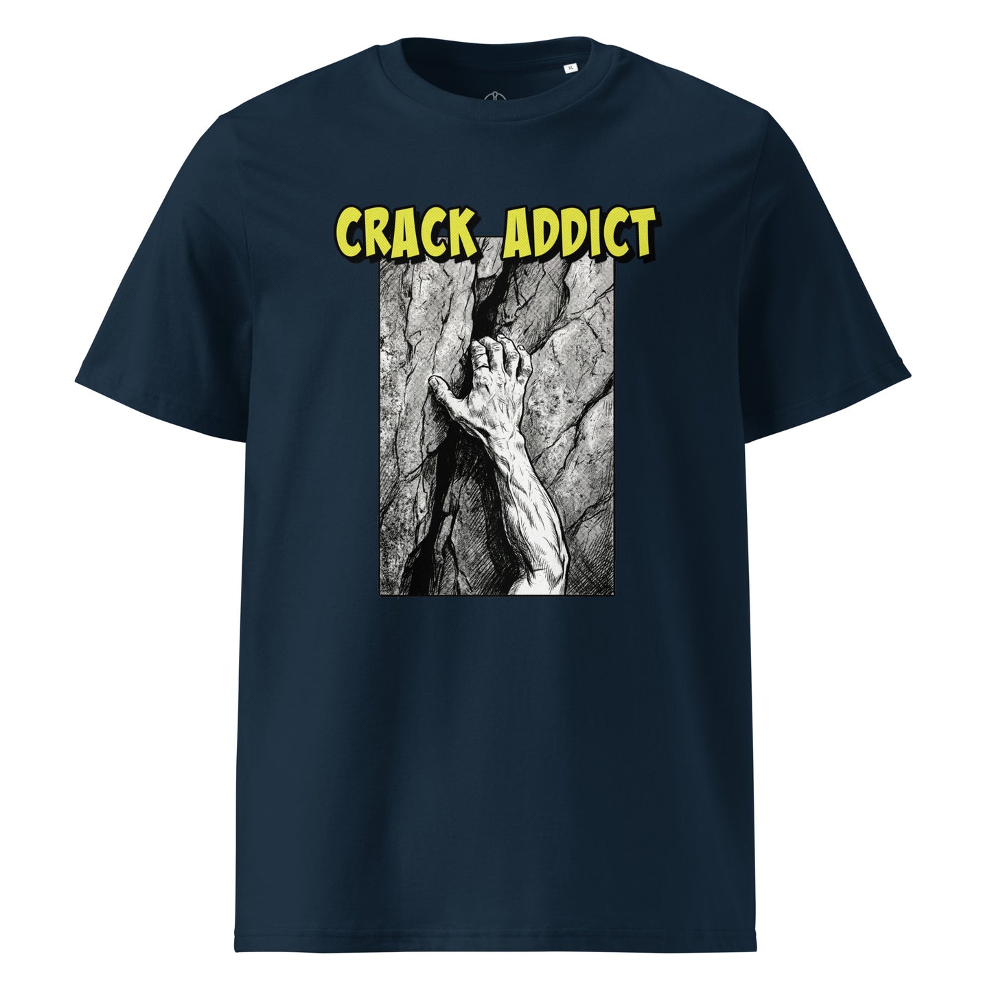 Unisex French navy Crack Addict Hand Jam T-Shirt by Knot Qualified, featuring a classic fit for climbing enthusiasts.