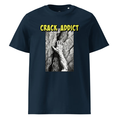 Unisex French navy Crack Addict Hand Jam T-Shirt by Knot Qualified, featuring a classic fit for climbing enthusiasts.