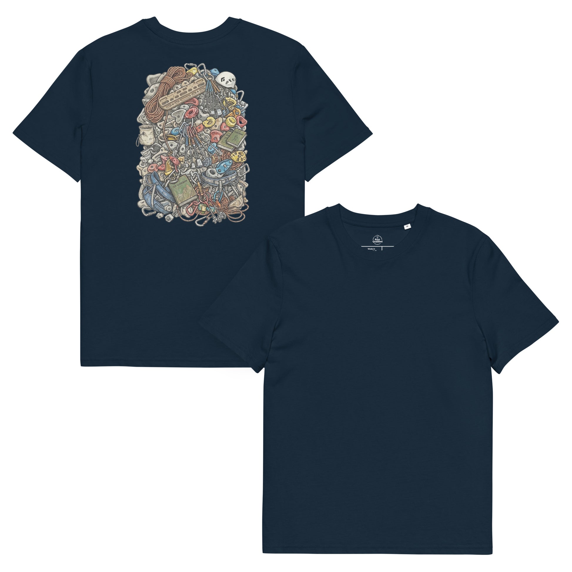 Unisex organic cotton T-shirt in French navy featuring a technical climbing gear illustration backprint by Knot Qualified.