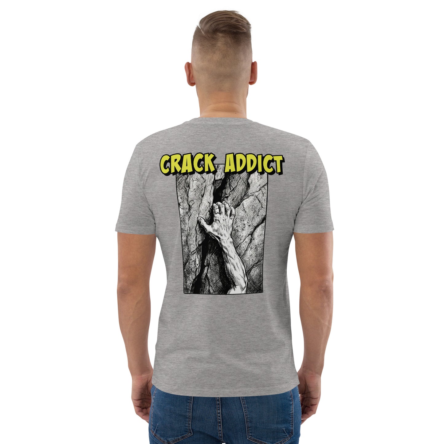Heather grey heavyweight organic cotton climbing tee with "Crack Addict" backprint by Knot Qualified.