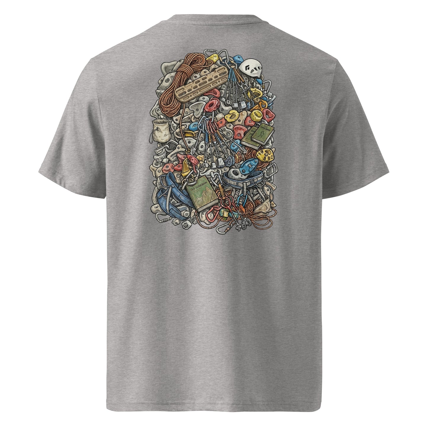 Heather grey unisex organic cotton t-shirt featuring a technical climbing gear illustration on the back by Knot Qualified.