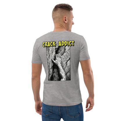 Heather grey heavyweight organic cotton climbing tee with "Crack Addict" backprint by Knot Qualified.