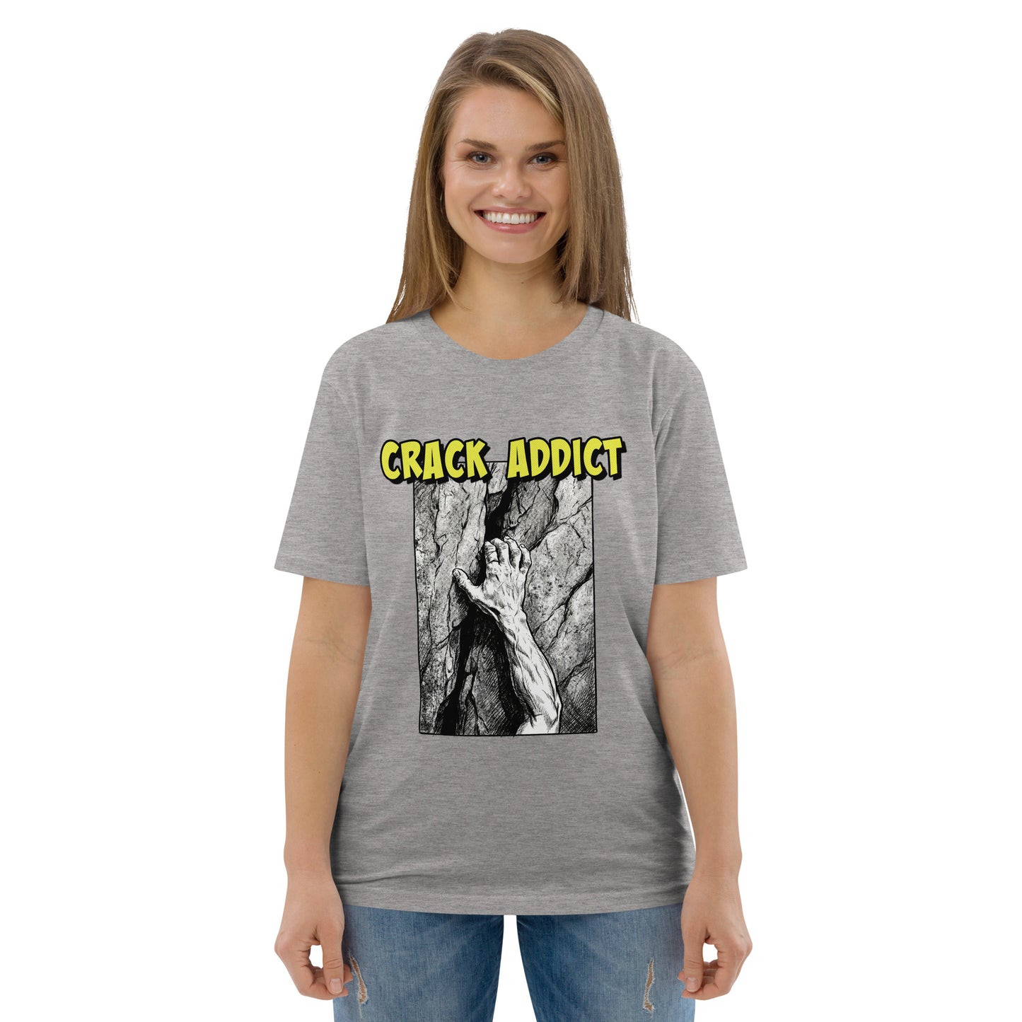 Heather grey Crack Addict T-shirt by Knot Qualified, featuring a front graphic design for climbing enthusiasts.