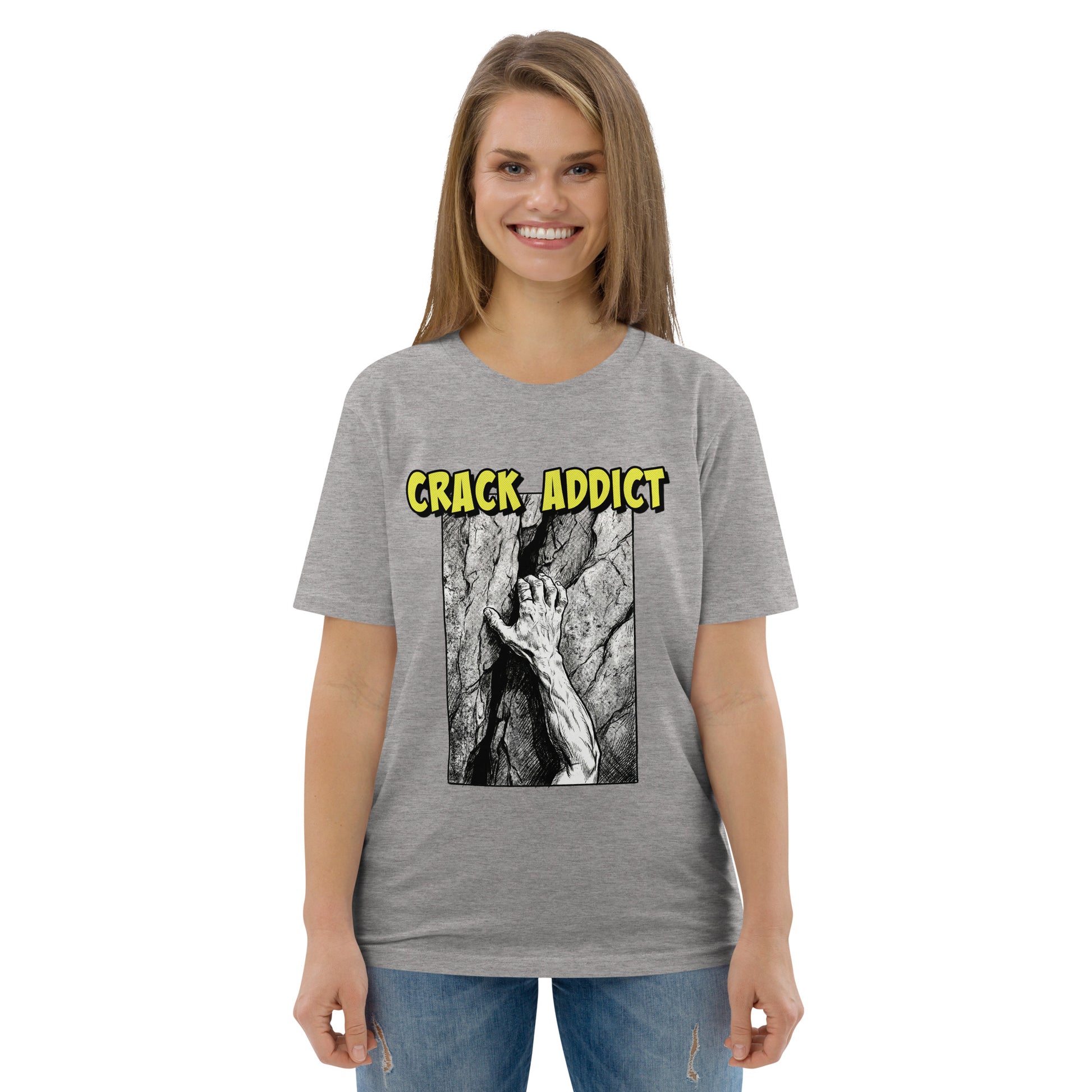 Heather grey Crack Addict T-shirt by Knot Qualified, featuring a front graphic design for climbing enthusiasts.