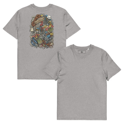 Heather grey unisex T-shirt featuring a technical climbing gear illustration backprint by Knot Qualified.