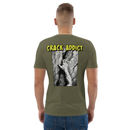 Khaki heavyweight organic cotton climbing tee by Knot Qualified with a backprint design, shown on a flat surface.