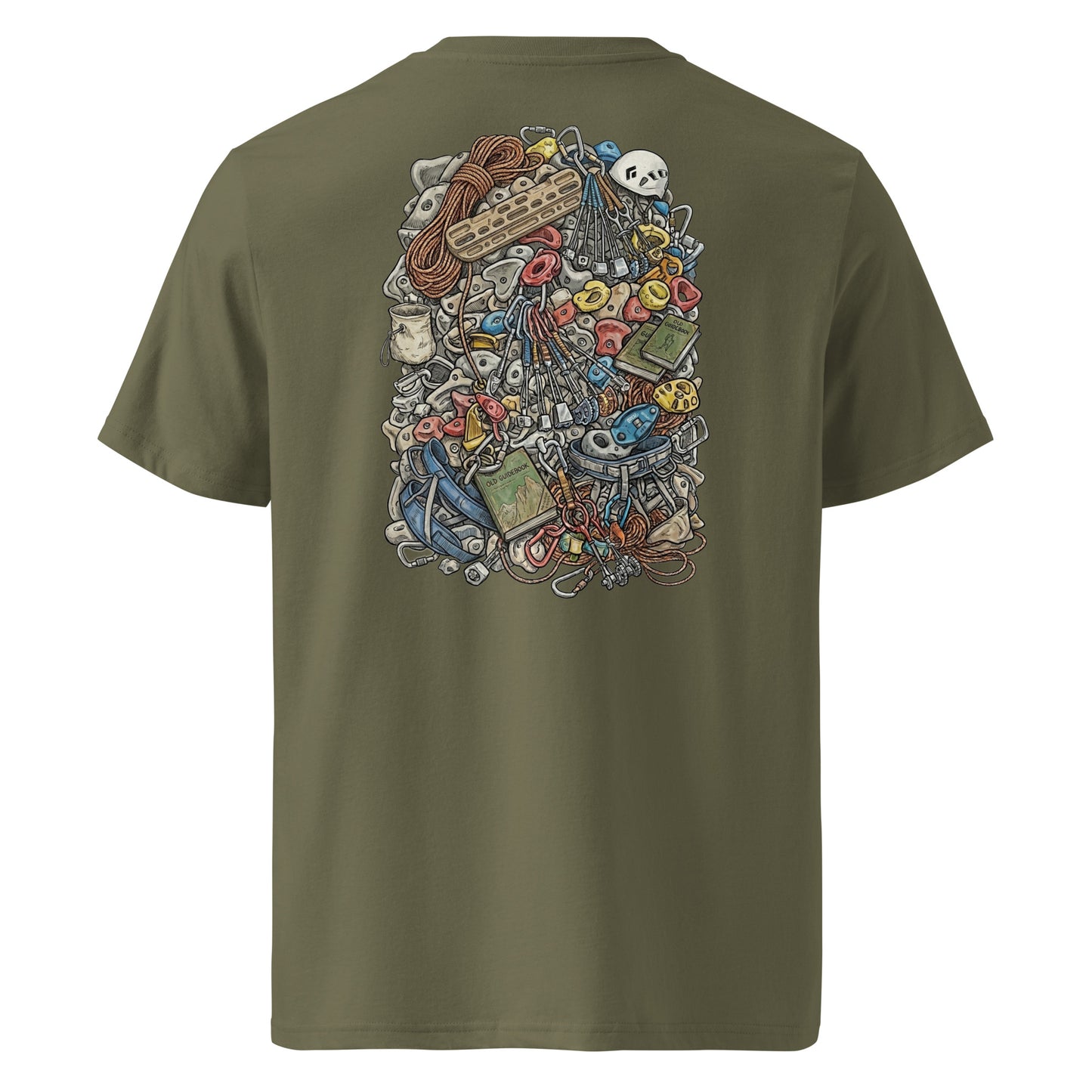 Khaki unisex T-shirt featuring a technical climbing gear illustration on the back, made from organic cotton by Knot Qualified.