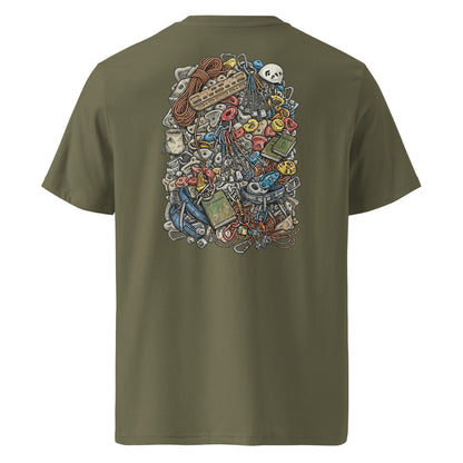 Khaki unisex T-shirt featuring a technical climbing gear illustration on the back, made from organic cotton by Knot Qualified.