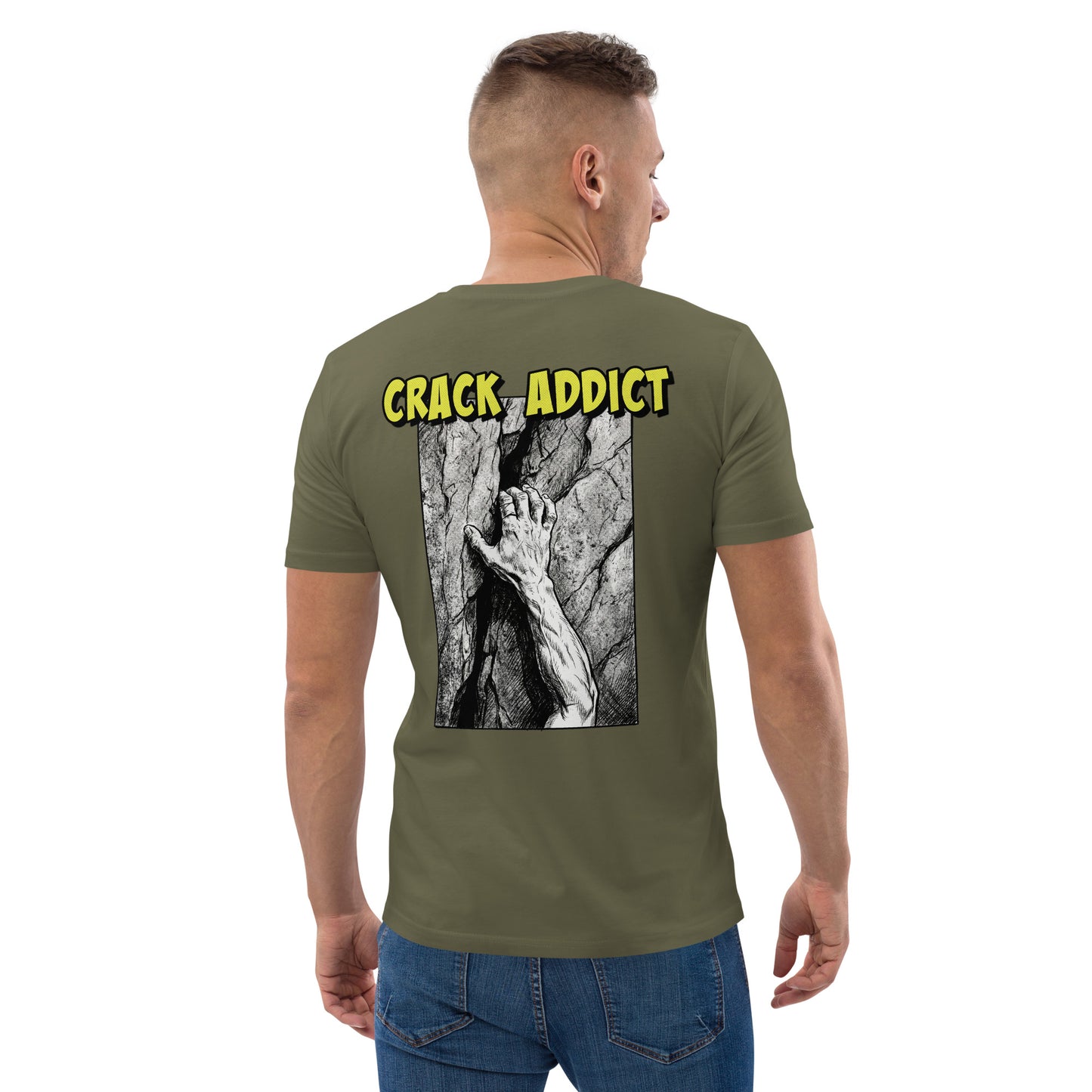 Unisex khaki heavyweight organic cotton t-shirt featuring Crack Addict backprint by Knot Qualified.