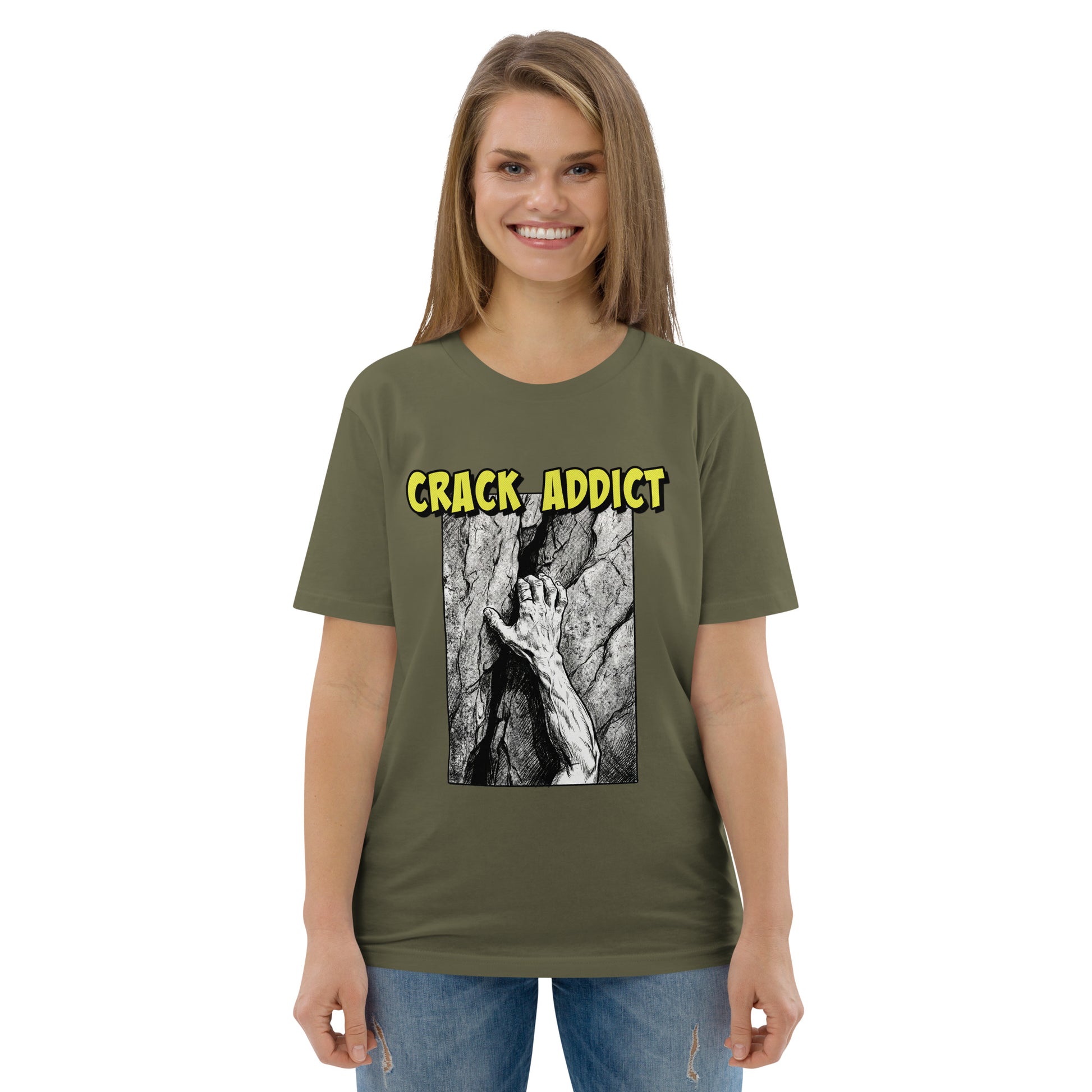 Khaki Crack Addict Hand Jam T-Shirt by Knot Qualified, featuring a front design on a heavyweight organic cotton fabric.