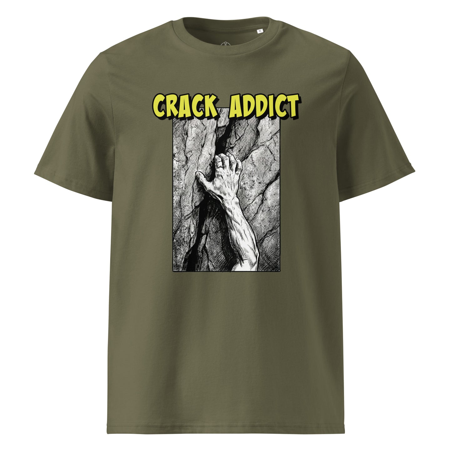 Unisex khaki Crack Addict Hand Jam T-Shirt by Knot Qualified, made from heavyweight organic cotton for climbers.