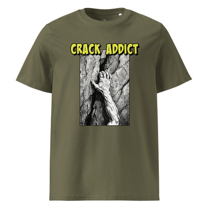 Unisex khaki Crack Addict Hand Jam T-Shirt by Knot Qualified, made from heavyweight organic cotton for climbers.