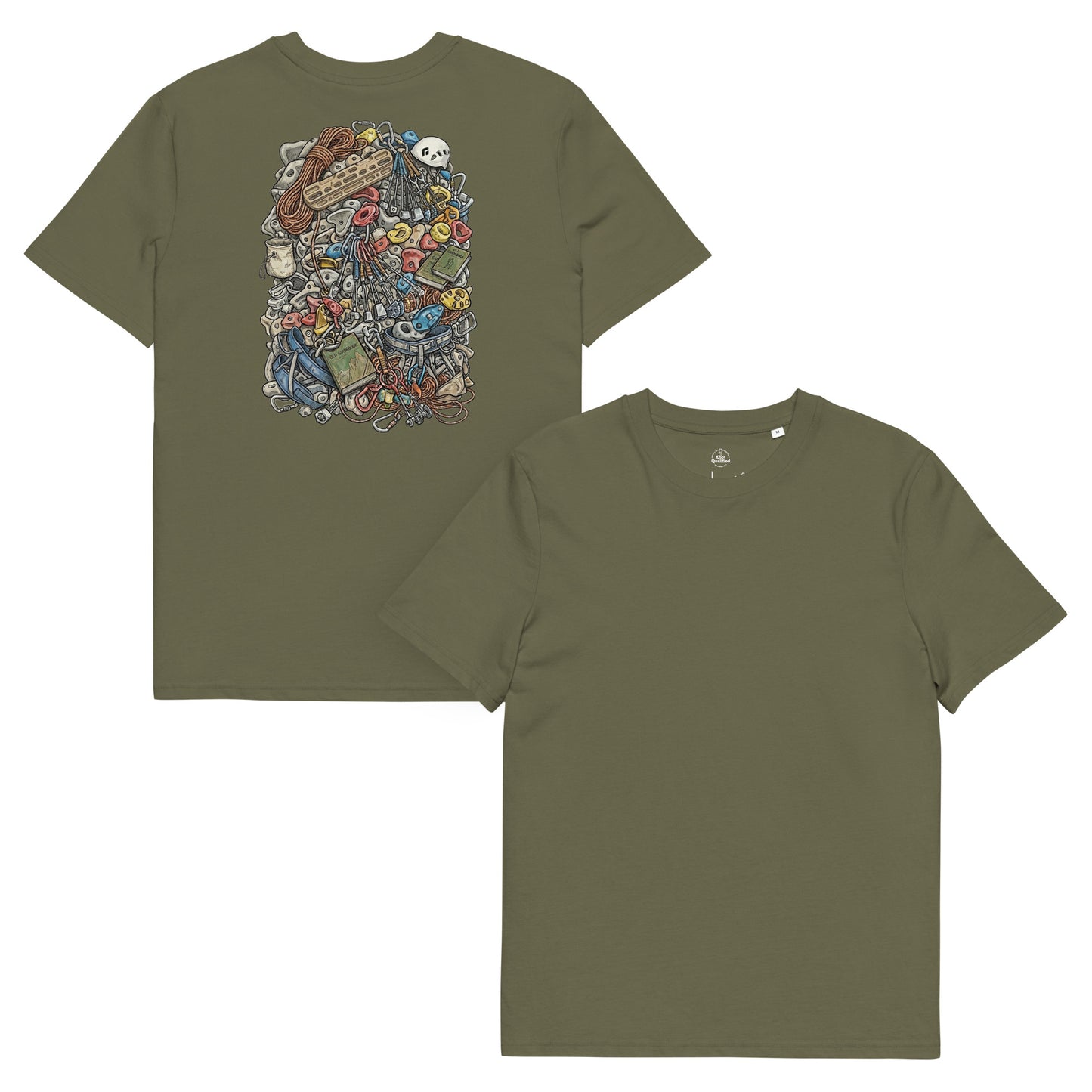 Khaki unisex organic cotton T-shirt featuring a technical climbing gear illustration backprint by Knot Qualified.