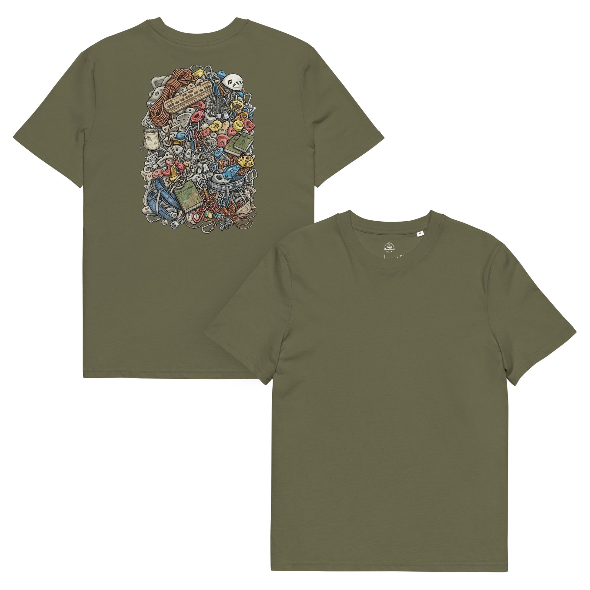 Khaki unisex organic cotton T-shirt featuring a technical climbing gear illustration backprint by Knot Qualified.