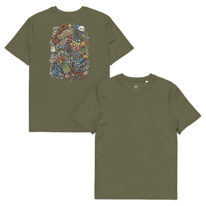 Khaki unisex organic cotton T-shirt featuring a technical climbing gear illustration backprint by Knot Qualified.