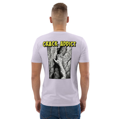 Lavender heavyweight organic cotton tee featuring Crack Addict backprint from Knot Qualified, perfect for climbing enthusiasts.