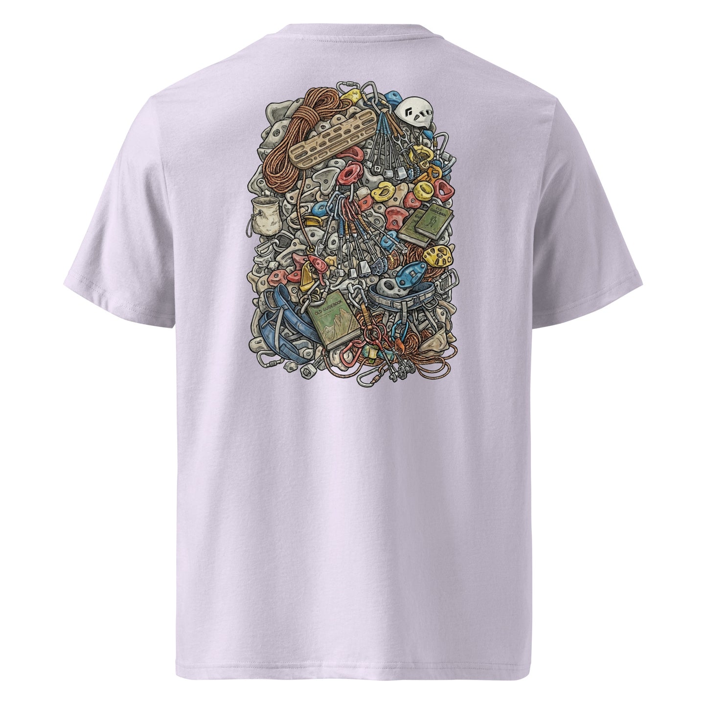 Lavender unisex organic cotton t-shirt featuring a technical climbing gear illustration on the back by Knot Qualified.