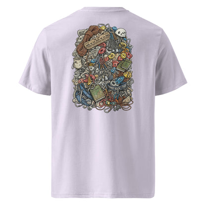 Lavender unisex organic cotton t-shirt featuring a technical climbing gear illustration on the back by Knot Qualified.