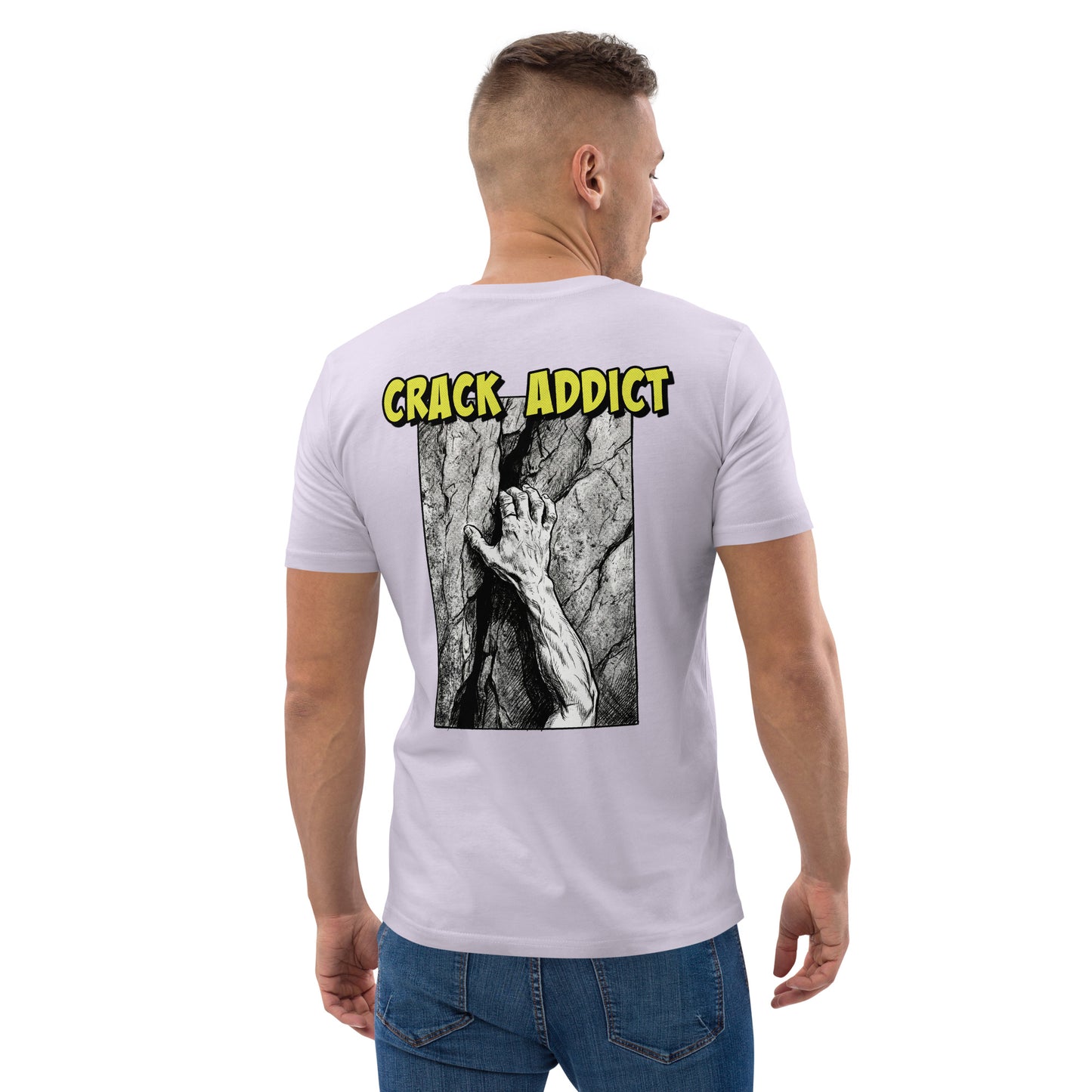 Unisex heavyweight lavender organic cotton tee featuring "Crack Addict" backprint by Knot Qualified.