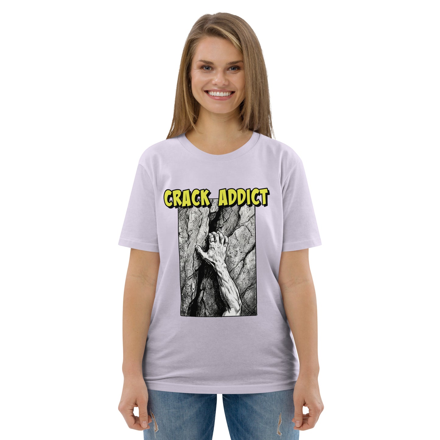 Lavender heavyweight organic cotton T-shirt featuring "Crack Addict Hand Jam" design by Knot Qualified for climbers.