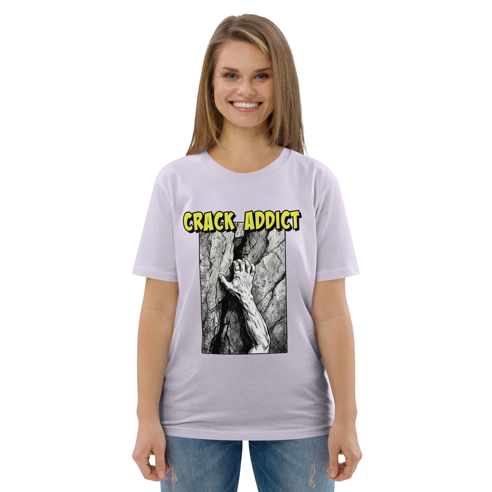Lavender heavyweight organic cotton T-shirt featuring "Crack Addict Hand Jam" design by Knot Qualified for climbers.