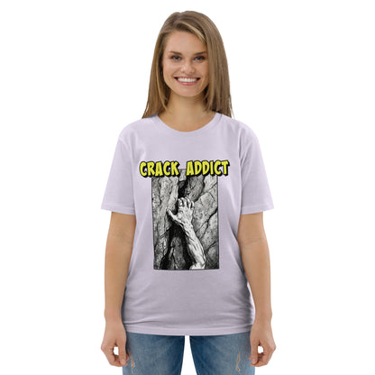 Lavender heavyweight organic cotton T-shirt featuring "Crack Addict Hand Jam" design by Knot Qualified for climbers.