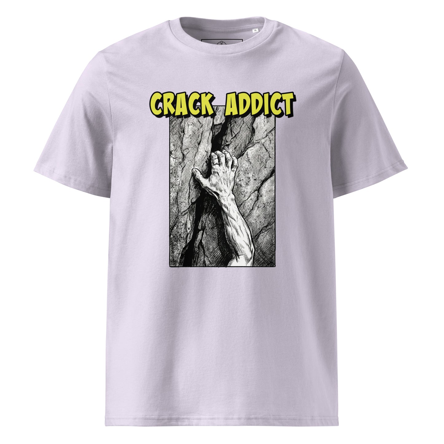 Lavender heavyweight organic cotton T-shirt featuring "Crack Addict Hand Jam" design by Knot Qualified for climbers.