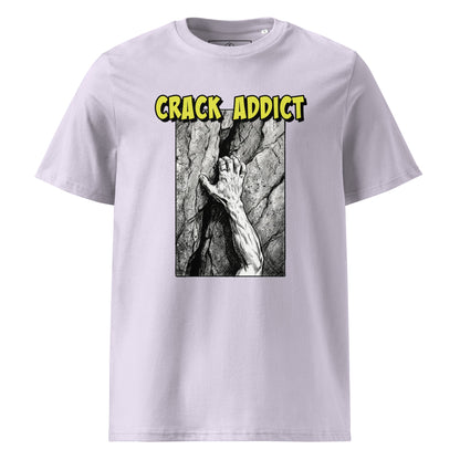 Lavender heavyweight organic cotton T-shirt featuring "Crack Addict Hand Jam" design by Knot Qualified for climbers.