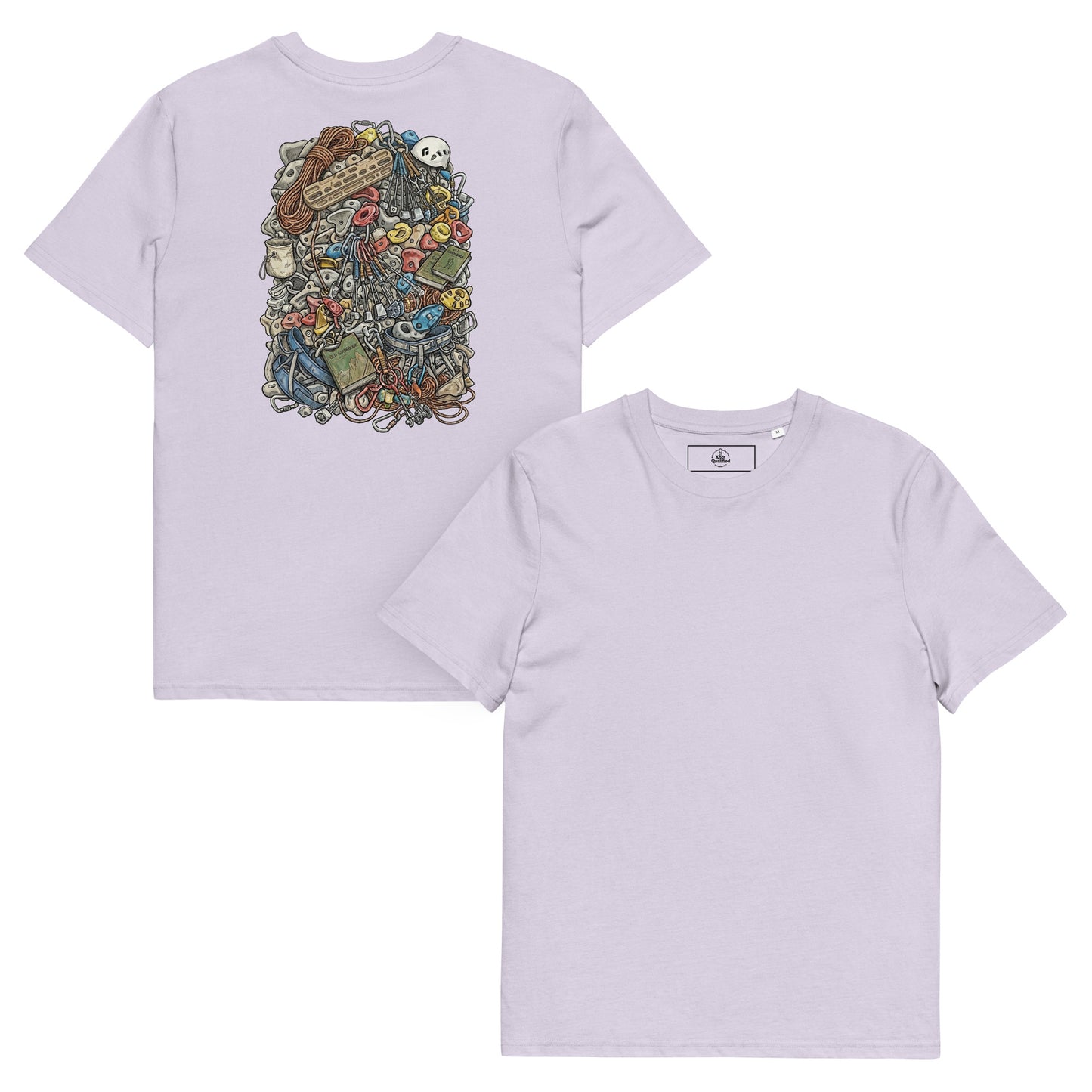 Unisex lavender organic cotton t-shirt featuring a technical climbing gear illustration backprint by Knot Qualified.