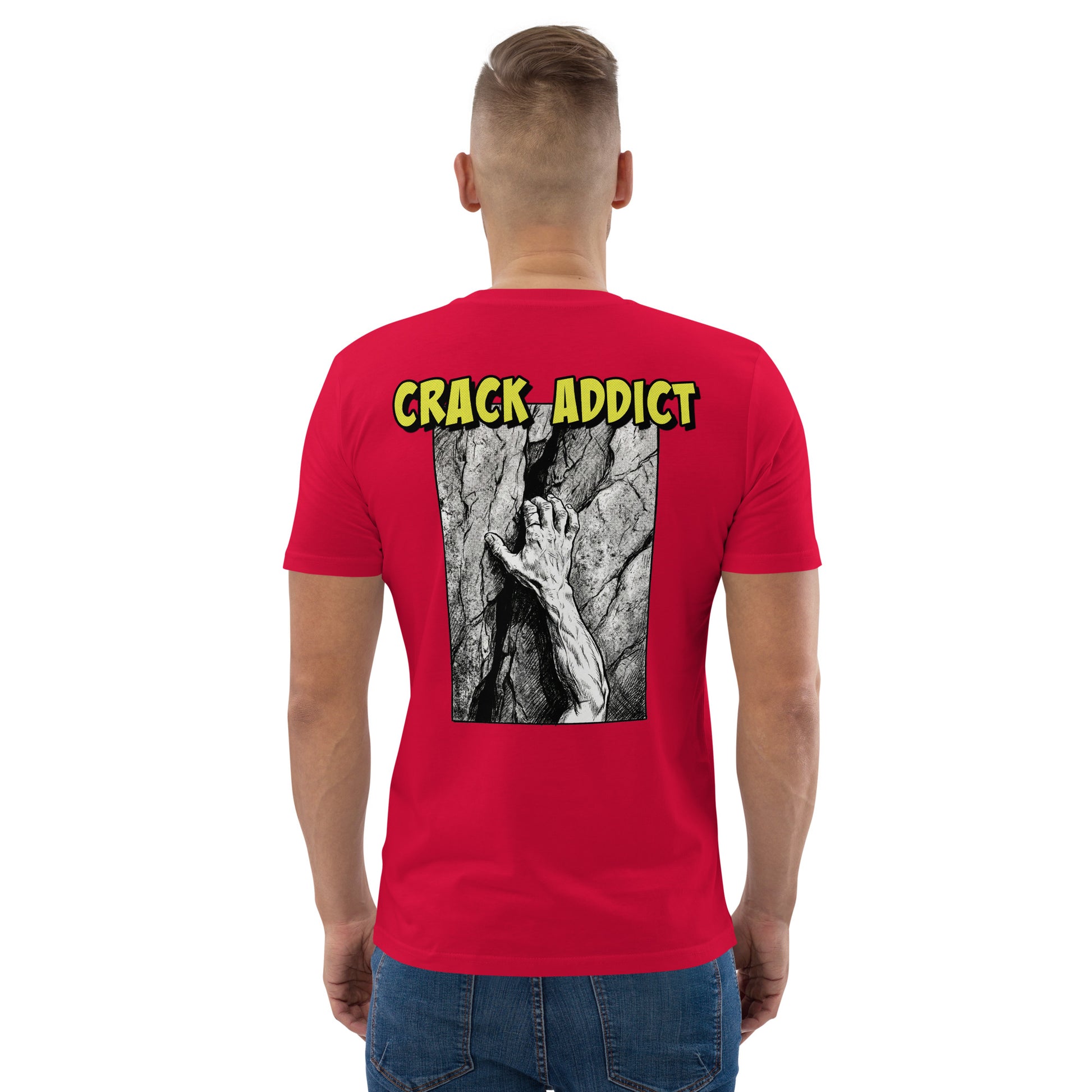 Red heavyweight organic cotton t-shirt by Knot Qualified featuring a backprint design for climbing enthusiasts.