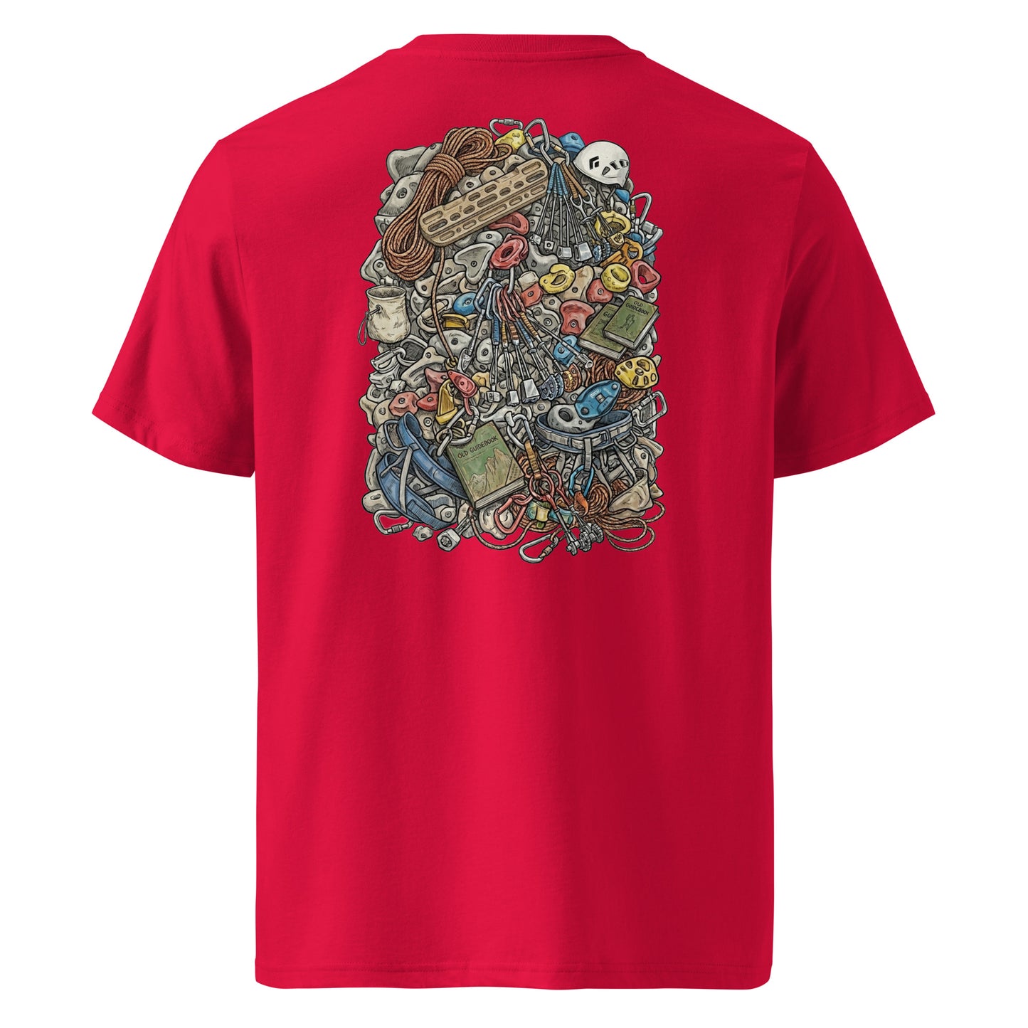 Red unisex organic cotton t-shirt featuring a technical climbing gear illustration on the back by Knot Qualified.