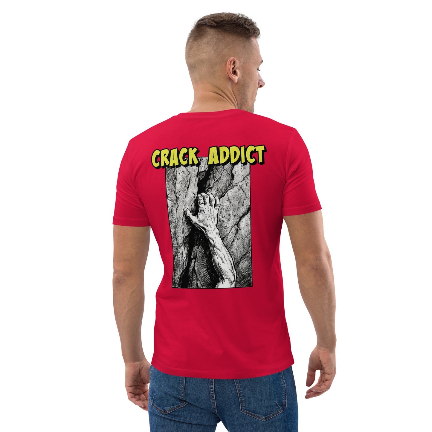 Red heavyweight organic cotton climbing tee with "Crack Addict" backprint by Knot Qualified. Unisex design.