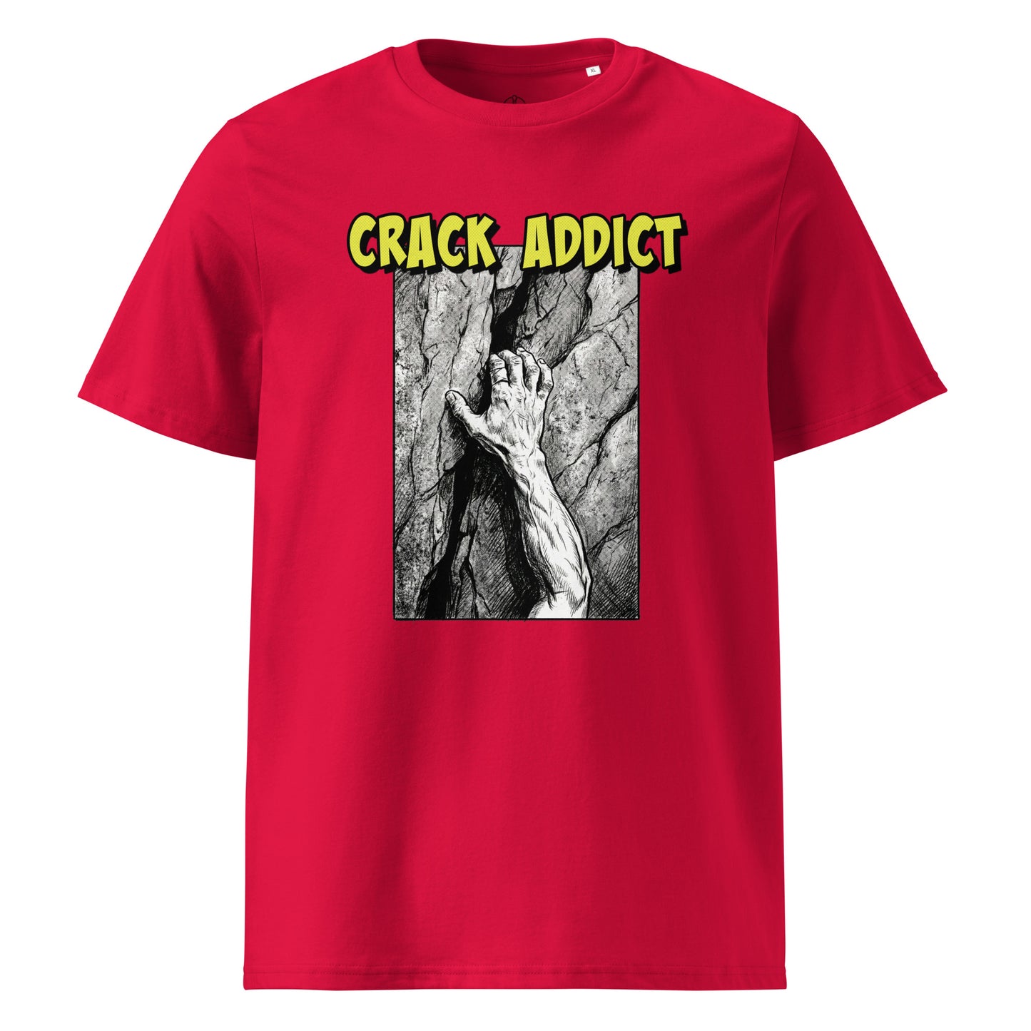 Red unisex heavyweight organic cotton T-shirt featuring Crack Addict Hand Jam design by Knot Qualified.