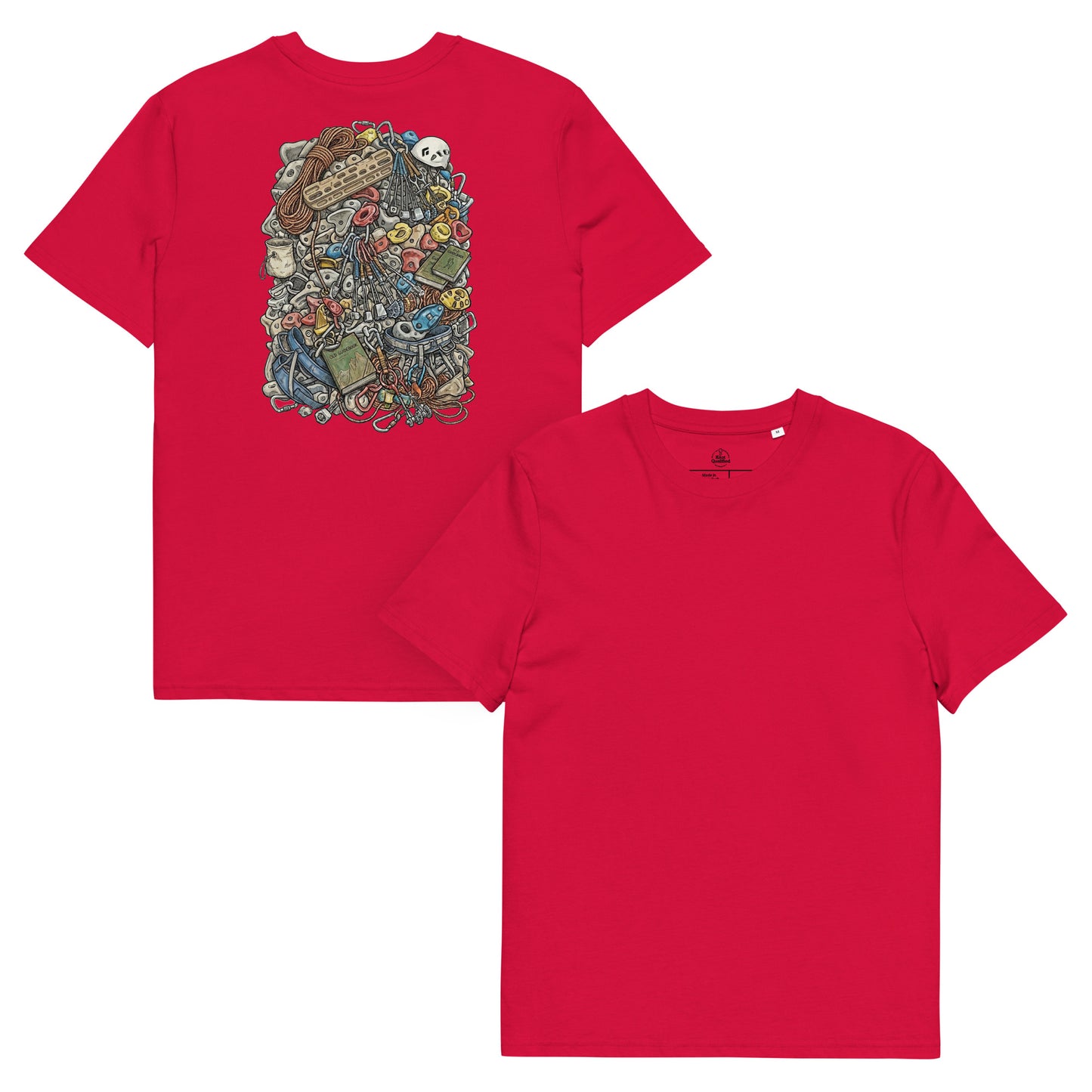 Red unisex organic cotton T-shirt featuring a technical climbing gear illustration on the back, by Knot Qualified.