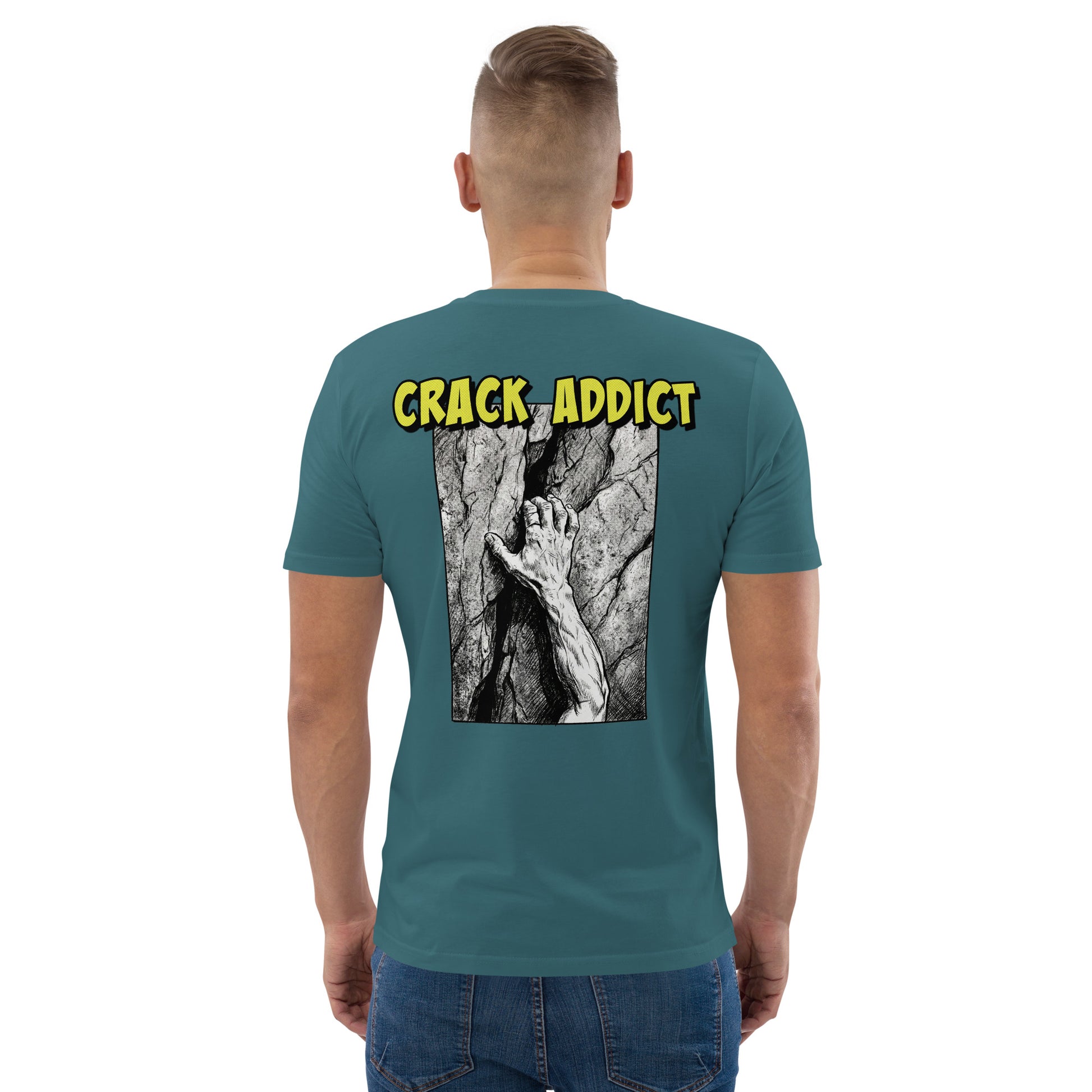 Unisex heavyweight organic cotton climbing tee with Crack Addict backprint design by Knot Qualified in stargazer color.