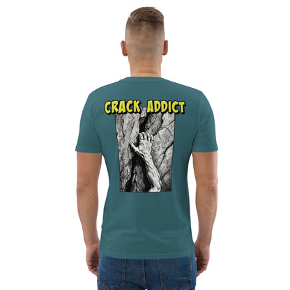 Unisex heavyweight organic cotton climbing tee with Crack Addict backprint design by Knot Qualified in stargazer color.