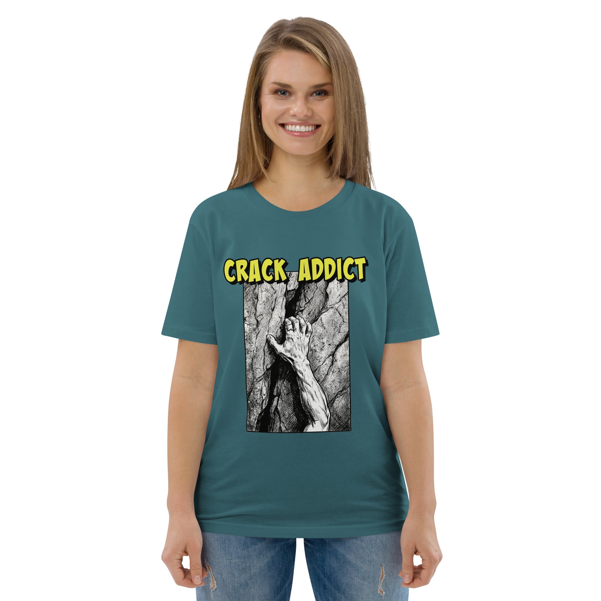 Unisex Knot Qualified Crack Addict Hand Jam T-Shirt in stargazer color, made from heavyweight organic cotton.